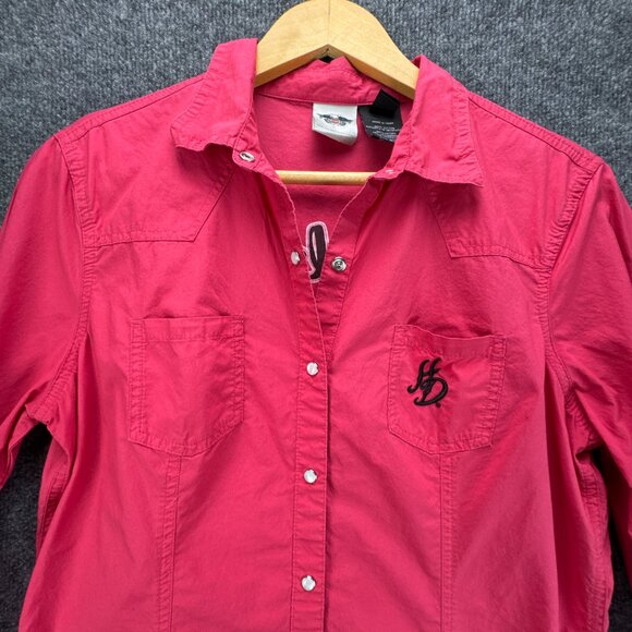 Harley Davidson Shirt Womens Large Pink Pearl Snap Embroidered Studded Bikercore - Picture 2 of 16